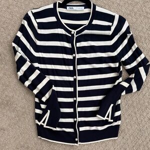 Zara Navy and Cream Striped Button-Up Cardigan